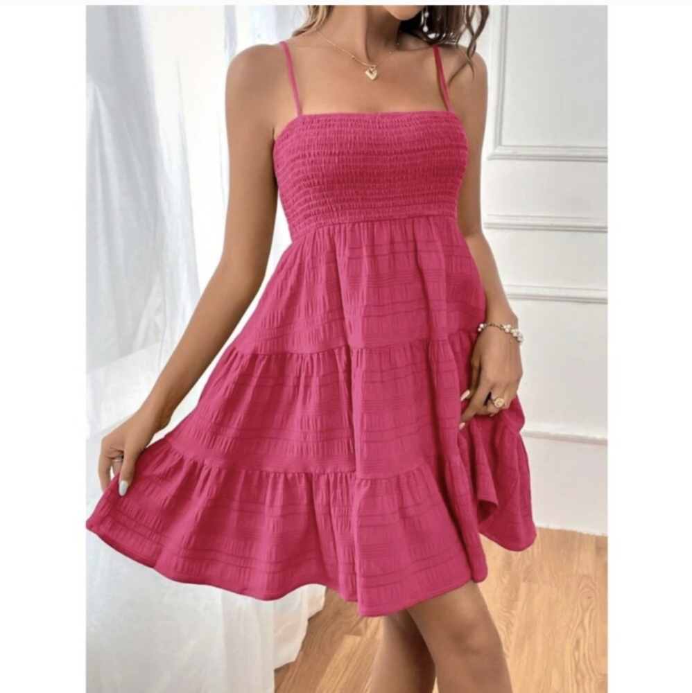 Like New LULUS Serene Sweetie Hot Pink Smocked Tiered Mini Dress Size XS